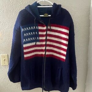VTG RUMINAHUI Unisex Navy Zip-up Hooded Wool Jacket with American Flag‎ Size 2XL